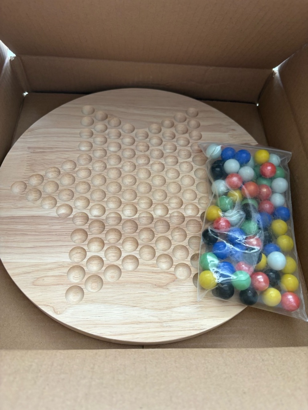 Classic Wooden Chinese Checkers Game Set - Natural Wood with Multicolor Marbles